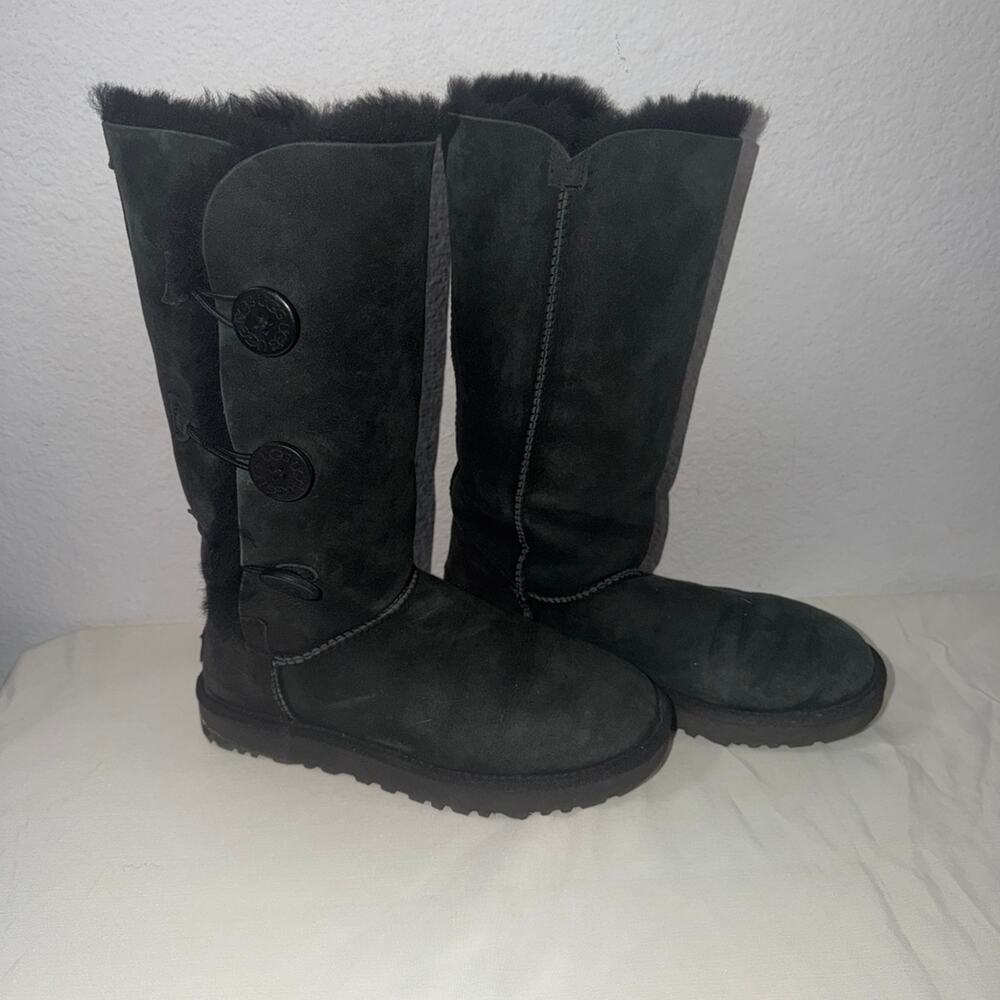 Black Furry UGG Boots with Buttons Size 8